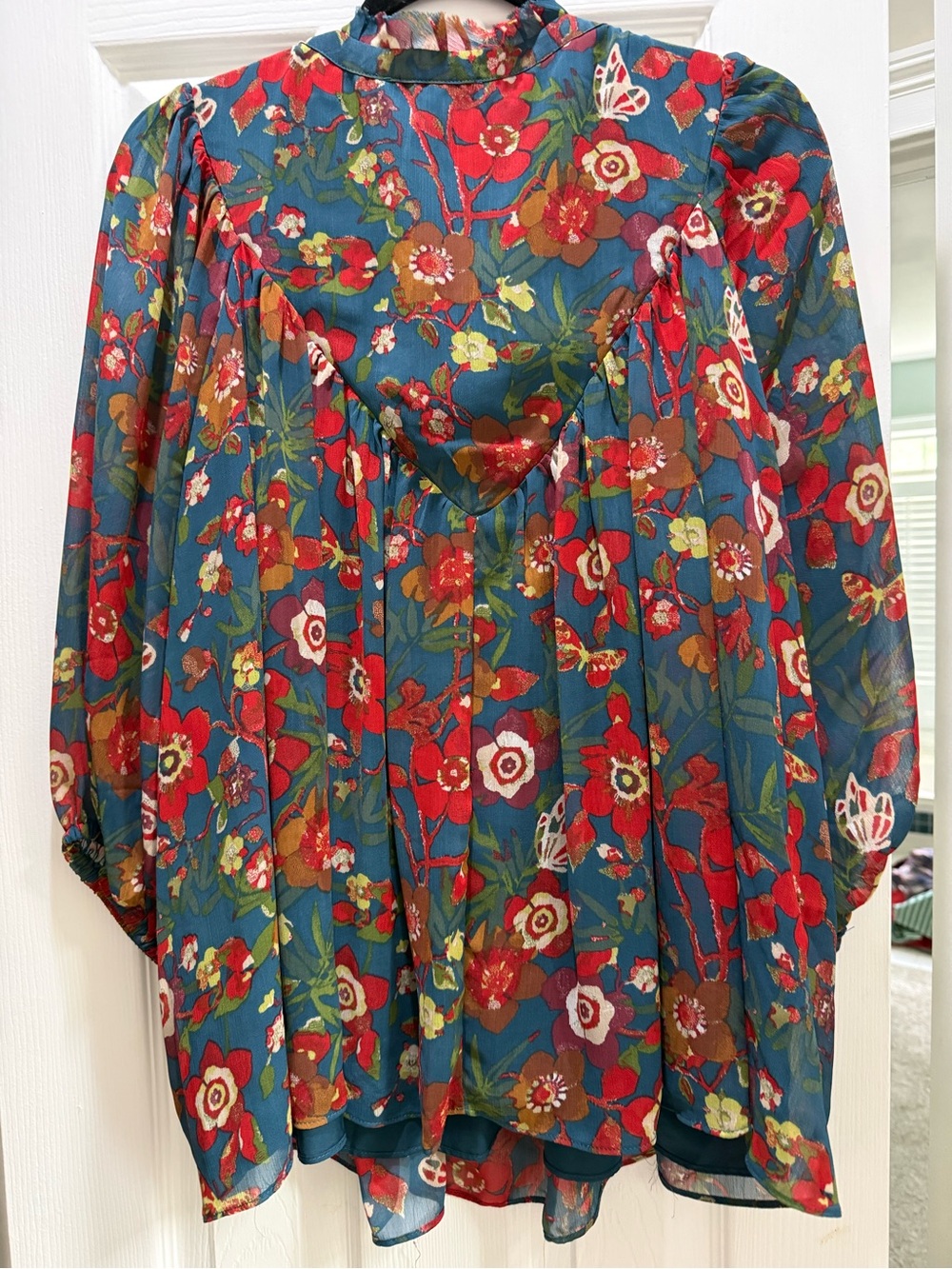 Rose & Olive Teal Floral Flowy Blouse with Red Accents - Picture 3 of 4